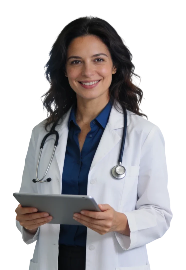 Médica da Clínica Higya sorrindo, de jaleco e estetoscópio, segurando um tablet